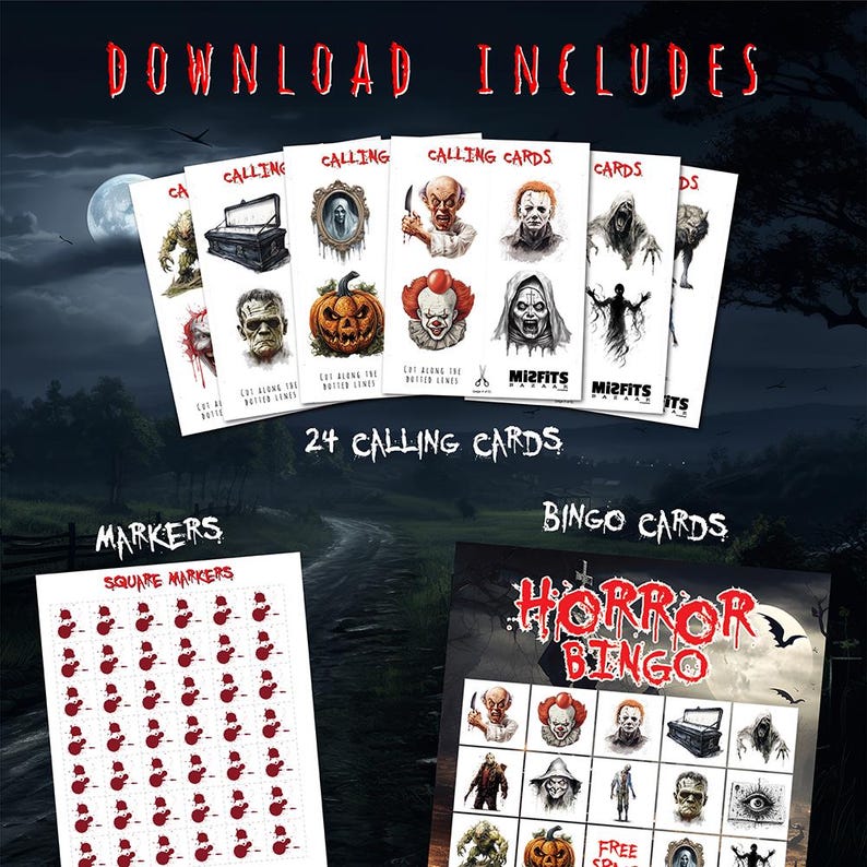 May include: A collection of Halloween-themed printables, including calling cards, bingo cards, and square markers. The calling cards feature images of horror characters. The text "DOWNLOAD INCLUDES" and "HORROR BINGO" are visible.