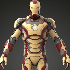May include: A full-body image of an Iron Man suit. The suit is primarily gold with red and gray accents. The helmet has a red faceplate and gold top. The chest features a circular emblem. The suit is standing upright against a dark gray background.