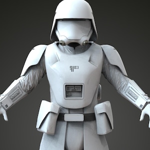 May include: A white futuristic armour suit, complete with a helmet, shoulder pads, and a long coat-like lower garment. The suit features a chest plate with a rectangular panel and two pouches. The arms have detailed gauntlets, and the legs are covered in armoured boots.