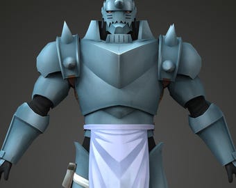 May include: A full-body, 3D-rendered figure of a character in metallic blue armor. The armor has a helmet with a pointed top, shoulder spikes, and a white apron-like cloth. The figure has black gloves and a small hammer attached to the waist.