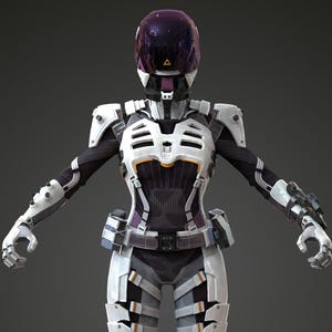 May include: A futuristic white and black spacesuit with a purple helmet. The suit has intricate details, including armor plating, a chest plate, and a utility belt. The design suggests a sci-fi or cosplay theme.