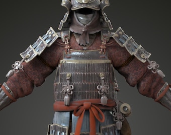 May include: A detailed depiction of a samurai armor set. The armor features a helmet, chest plate, and leg guards, all in shades of brown, gray, and red. A red sash is tied around the waist. The armor is displayed against a dark background.