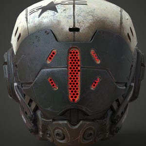 Puede incluir: Un casco futurista y desgastado con un emblema de estrella. El casco presenta una visera oscura con detalles rojos y una ventilación central vertical. El diseño incorpora componentes metálicos y blanquecinos, sugiriendo un tema de ciencia ficción o táctico.