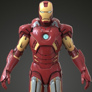 May include: A full-body image of the Iron Man suit, a red and gold armored suit with a helmet. The suit has a glowing blue circle on the chest and is standing against a dark gray background. The suit is a popular superhero costume.