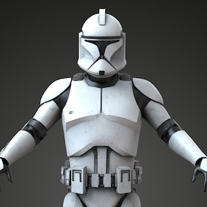 May include: A full-body image of a white and black armored figure. The figure is wearing a helmet, shoulder pads, and a utility belt. The armor has a weathered appearance, suggesting use. The figure is standing with arms outstretched against a dark gray background.