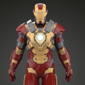 May include: A full-body image of a red and gold Iron Man suit. The suit has a gold chest plate with a circular arc reactor, red limbs, and gray accents. The helmet has a gold faceplate with eye slits.
