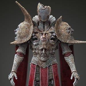 May include: A detailed figurine of a humanoid figure wearing ornate armor with multiple sculpted faces integrated into the chest and shoulder plates. The armor features gold and silver metallic tones, accented by long, deep red fabric panels.