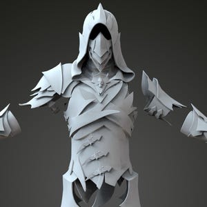 May include: A disassembled, light gray fantasy armor set. The set includes a hooded helmet, chest piece, arm and leg armor. The armor has a detailed, layered design with pointed edges and decorative elements, suggesting a medieval or fantasy theme.