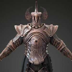 May include: A full suit of ornate, weathered bronze armor. The armor includes a helmet with a central spike and curved horns, shoulder pauldrons, and articulated limbs. A black cloak with chain detailing hangs from the shoulders. The armor is designed with intricate patterns.
