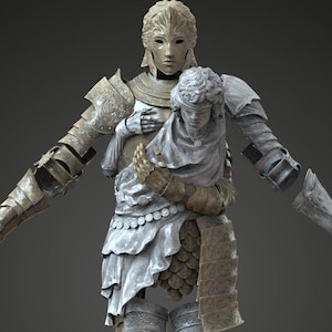 Könnte beinhalten: Detailliertes 3D-Rendering einer ritterlichen Figur in silberner und bronzefarbener Rüstung, die eine Statue hält. Die Figur hat eine Maske und ist mit ausgestreckten Armen posiert. Die Rüstung hat komplizierte Details, und die Statue ist mit Stoff drapiert.