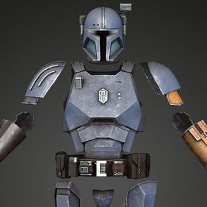 May include: A disassembled, futuristic-style armor set in shades of blue, gray, and gold. The helmet, chest plate, and leg armor are visible, along with arm guards and a utility belt. The armor appears to be made of metal.