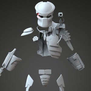 May include: A light grey Predator costume, shown in separate pieces. The helmet has a red eye marking. The costume includes a helmet, chest armour, shoulder pads, arm guards, and leg armour, arranged as if ready to be assembled.