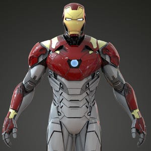 May include: A full-body image of a superhero suit in a standing position. The suit is primarily red, white, and gold, with a helmet featuring a yellow faceplate. The chest area has a prominent red design with a blue circular element.