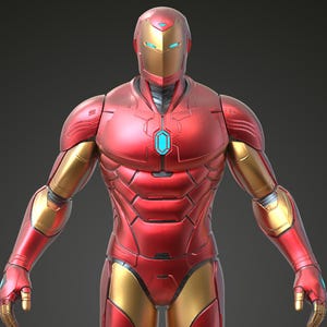 May include: A full-body image of an Iron Man action figure. The figure is primarily red with gold accents on the arms, legs, and face. The chest features a blue circular light. The figure is standing with arms at its sides against a dark gray background.