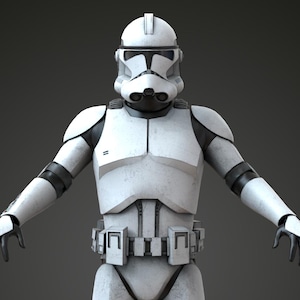 May include: A full-body image of a white and gray armored figure with a helmet, resembling a science fiction character. The figure has black accents on the arms and a utility belt. The background is a solid dark gray.