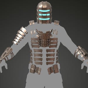 Könnte beinhalten: Ein detaillierter, bronzefarbener Raumanzug mit einem Helm mit leuchtenden blauen Lichtern. Der Anzug hat eine segmentierte Panzerung an Brust, Armen und Beinen mit komplizierten mechanischen Details. Das Design deutet auf ein futuristisches Thema hin.