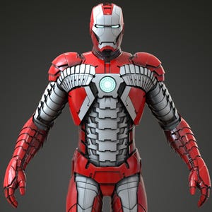 May include: A full-body image of a red and silver Iron Man suit. The suit has a helmet with a white faceplate, red shoulders, and a glowing blue circle on the chest. The suit's design features intricate paneling and a metallic finish.