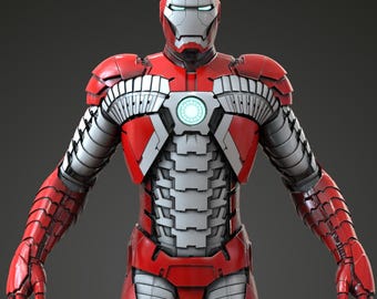 May include: A full-body image of a red and silver Iron Man suit. The suit has a helmet with a white faceplate, red shoulders, and a glowing blue circle on the chest. The suit's design features intricate paneling and a metallic finish.