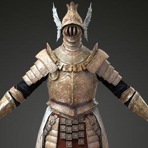 May include: A full suit of golden armor with intricate detailing, including a helmet with wing-like accents. The armor features a red and white cape, and is designed to cover the entire body. The overall design suggests a medieval or fantasy theme.