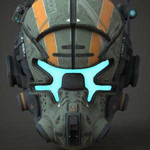 May include: A futuristic helmet in olive green and orange, with bright blue glowing elements. The helmet has a complex design with panels, vents, and attachments, suggesting advanced technology. The word "ICON" is visible on the top.
