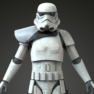 May include: A full-body image of a Stormtrooper costume. The white armour includes a helmet, shoulder pads, chest and back plates, arm and leg guards, and boots. The costume has black accents and a utility belt. The background is a solid dark grey.