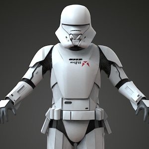 May include: A full-body shot of a white and black Stormtrooper armor suit. The suit has a helmet, chest armor, and leg armor. The armor has black accents and a red logo on the chest. The background is a solid dark gray.