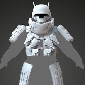 May include: A full-body, off-white futuristic armor suit, featuring a helmet with a visor, shoulder pads, chest armor with pockets, and leg and knee protection. The suit is designed with a detailed, layered construction, suggesting a high-tech or sci-fi theme.