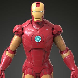 May include: A full-body image of the Iron Man suit. The suit is primarily red and gold, with a helmet featuring a gold faceplate and a red body. The chest features a circular blue energy source. The suit is standing against a dark gray background.