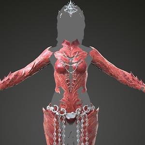 May include: A red fantasy armor set with intricate detailing. The armor includes a chest piece, long sleeves, leg coverings, and a decorative belt with hanging chains. A silver crown sits atop the head. The design features a textured, scale-like pattern.