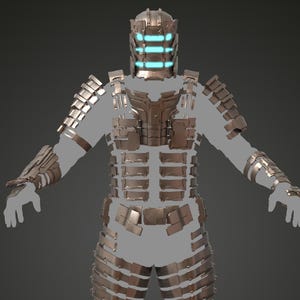 Könnte beinhalten: Ein bronzefarbener Raumanzug mit segmentierter Panzerung. Der Helm hat drei vertikale blaue Leuchten. Der Anzug umfasst Schulter-, Brust- und Beinpanzer sowie Panzerhandschuhe und Stiefel. Der Hintergrund ist einfarbig dunkelgrau.