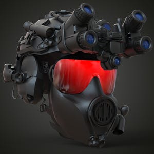 May include: A black tactical helmet with multiple night vision devices and red-tinted goggles. The helmet features a respirator and various attachments, suggesting a military or tactical theme.