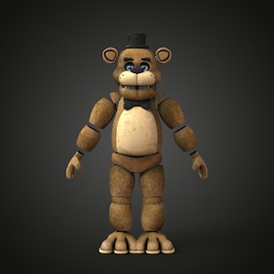 May include: A 3D rendered figure of Freddy Fazbear, a brown bear character. He wears a black top hat and bow tie. The bear has blue eyes and a light brown belly. The figure is standing with arms at its sides against a dark gray background.