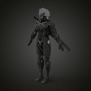 K&ouml;nnte beinhalten: Detaillierte 3D-Darstellung eines futuristischen Roboteranzugs. Der Anzug ist &uuml;berwiegend dunkelgrau mit gelben und silbernen Akzenten, mit komplizierten mechanischen Details, einem Helm und einer Klinge auf dem R&uuml;cken. Dunkelgrauer Hintergrund.