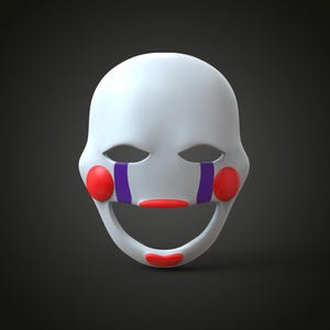 Peut inclure: Un masque blanc avec des cercles rouges sur les joues, des accents violets pour les yeux et un sourire rouge. Le masque a un design lisse et arrondi, probablement pour un costume ou un cosplay.