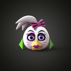 Könnte beinhalten: Ein 3D-gerenderter Cartoon-Hühnerkopf mit weißen Federn, einer rosa Schleife und lila Lippenstift. Das Huhn hat große blaue Augen, rosa Rouge und grüne dreieckige Akzente. Der Hintergrund ist dunkelgrau.
