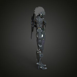 K&ouml;nnte beinhalten: Seitenansicht einer futuristischen Roboterfigur in Grau-, Schwarz- und Silbert&ouml;nen. Die Figur hat ein detailliertes mechanisches Design mit sichtbaren Gelenken, Panzerplatten und einem stilisierten Kopf mit wei&szlig;en Haaren. Die Figur h&auml;lt eine Waffe.