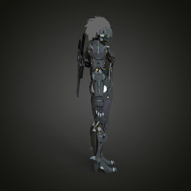 K&ouml;nnte beinhalten: Seitenansicht einer futuristischen Roboterfigur in Grau-, Schwarz- und Silbert&ouml;nen. Die Figur hat ein detailliertes mechanisches Design mit sichtbaren Gelenken, Panzerplatten und einem stilisierten Kopf mit wei&szlig;en Haaren. Die Figur h&auml;lt eine Waffe.