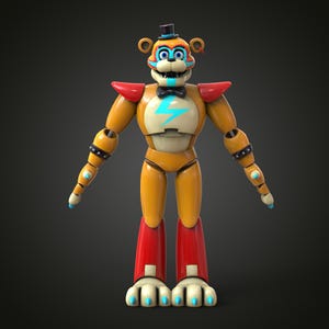 Puede incluir: Representación 3D detallada de Glamrock Freddy. La figura es principalmente naranja con detalles rojos en los hombros y las piernas. Tiene una pajarita negra, un rayo azul en el pecho y un pequeño sombrero de copa.