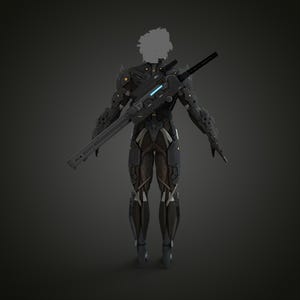 K&ouml;nnte beinhalten: Ein futuristischer, schwarz-grauer Anzug mit einem gro&szlig;en Gewehr auf dem R&uuml;cken. Der Anzug weist komplizierte Details auf, darunter gelbe und blaue Akzente. Der Kopf der Figur ist verdeckt.