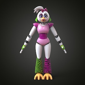 May include: A full-body image of a stylized, robotic chicken character. The figure has a white head with a pink bow, a yellow beak, and large blue eyes. The body is pink and white, with green and purple patterned legs and yellow feet.