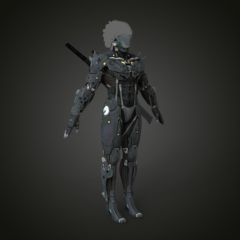 K&ouml;nnte beinhalten: Detaillierte 3D-Darstellung einer futuristischen Roboterfigur. Die Figur ist &uuml;berwiegend dunkelgrau mit gelben und silbernen Akzenten. Sie hat ein schlankes, gepanzertes Design mit einem Schwert auf dem R&uuml;cken. Dunkelgrauer Hintergrund.