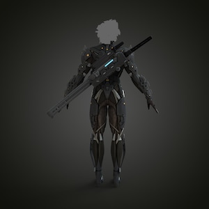 K&ouml;nnte beinhalten: Ein futuristischer, schwarz-grauer Anzug mit einem gro&szlig;en Gewehr auf dem R&uuml;cken. Der Anzug weist komplizierte Details auf, darunter gelbe und blaue Akzente. Der Kopf der Figur ist verdeckt.