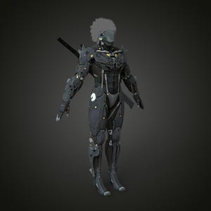 K&ouml;nnte beinhalten: Detailliertes 3D-Rendering einer futuristischen Roboterfigur. Die Figur ist &uuml;berwiegend dunkelgrau mit gelben und silbernen Akzenten. Sie hat ein schlankes, gepanzertes Design mit einem Schwert auf dem R&uuml;cken. Die Figur steht vor einem dunkelgrauen Hintergrund.