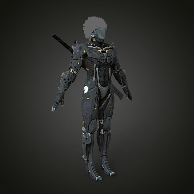 K&ouml;nnte beinhalten: Detailliertes 3D-Rendering einer futuristischen Roboterfigur. Die Figur ist &uuml;berwiegend dunkelgrau mit gelben und silbernen Akzenten. Sie hat ein schlankes, gepanzertes Design mit einem Schwert auf dem R&uuml;cken. Die Figur steht vor einem dunkelgrauen Hintergrund.