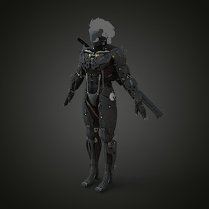 K&ouml;nnte beinhalten: Detaillierte 3D-Darstellung eines futuristischen Roboteranzugs. Der Anzug ist &uuml;berwiegend dunkelgrau mit gelben und silbernen Akzenten, mit komplizierten mechanischen Details, einem Helm und einer Klinge auf dem R&uuml;cken. Dunkelgrauer Hintergrund.