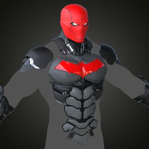 Puede incluir: Representación de cuerpo completo de un disfraz de Red Hood. El traje presenta un casco rojo con ojos blancos, un pecho blindado negro y gris con un símbolo de murciélago rojo y protectores de hombros y brazos a juego. Tema de superhéroe o cosplay.