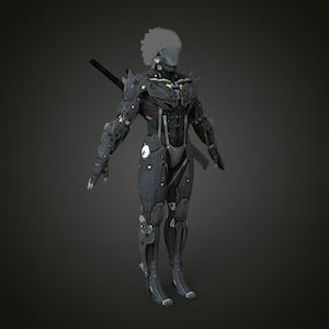 K&ouml;nnte beinhalten: Detaillierte 3D-Darstellung einer futuristischen Roboterfigur. Die Figur ist &uuml;berwiegend dunkelgrau mit gelben und silbernen Akzenten. Sie hat ein schlankes, gepanzertes Design mit einem Schwert auf dem R&uuml;cken. Dunkelgrauer Hintergrund.