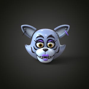May include: A light blue cat-like mask with large yellow eyes, purple lips, and a sinister grin. The mask has large ears with purple hoop earrings and black markings around the eyes and mouth. The mask is likely for cosplay or costume use.