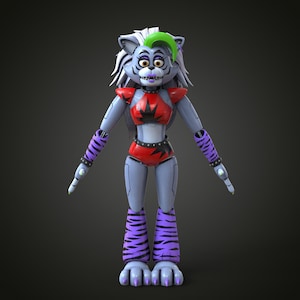 May include: A 3D rendered figure of Roxy, a character from the video game Five Nights at Freddy's: Security Breach. The figure has a white and gray head with green hair, a red top, and purple and black striped leggings. The figure is standing with arms outstretched.