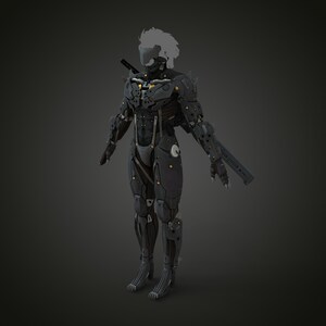 K&ouml;nnte beinhalten: Detaillierte 3D-Darstellung eines futuristischen Roboteranzugs. Der Anzug ist &uuml;berwiegend dunkelgrau mit gelben und silbernen Akzenten und weist komplizierte mechanische Details auf. Ein Schwert ist am R&uuml;cken befestigt. Die Figur hat einen Helm und eine Waffe.